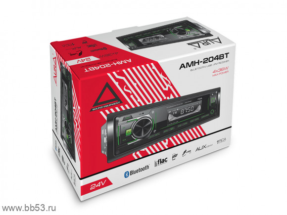 AURA AMH-204BT [12-24V/без CD/BT/mp3/USB/SD/EQ/1 RCA sub control/зеленая подсветка/несъемная панель]